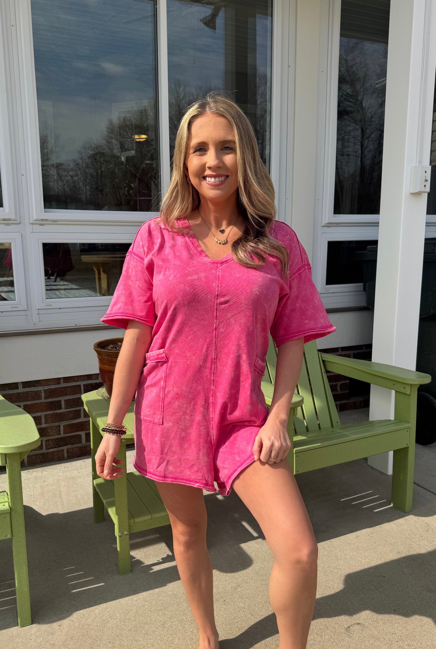 Washed Tee Romper in Pink