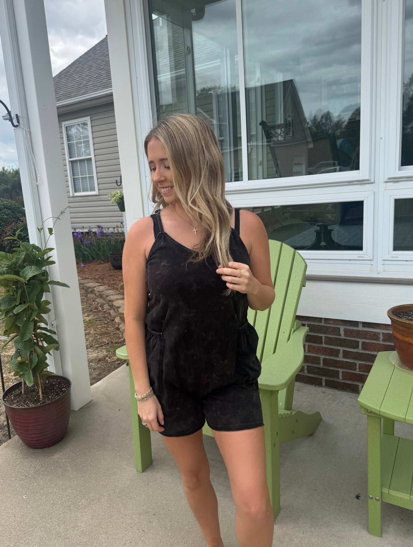 Washed Tank Romper in Black