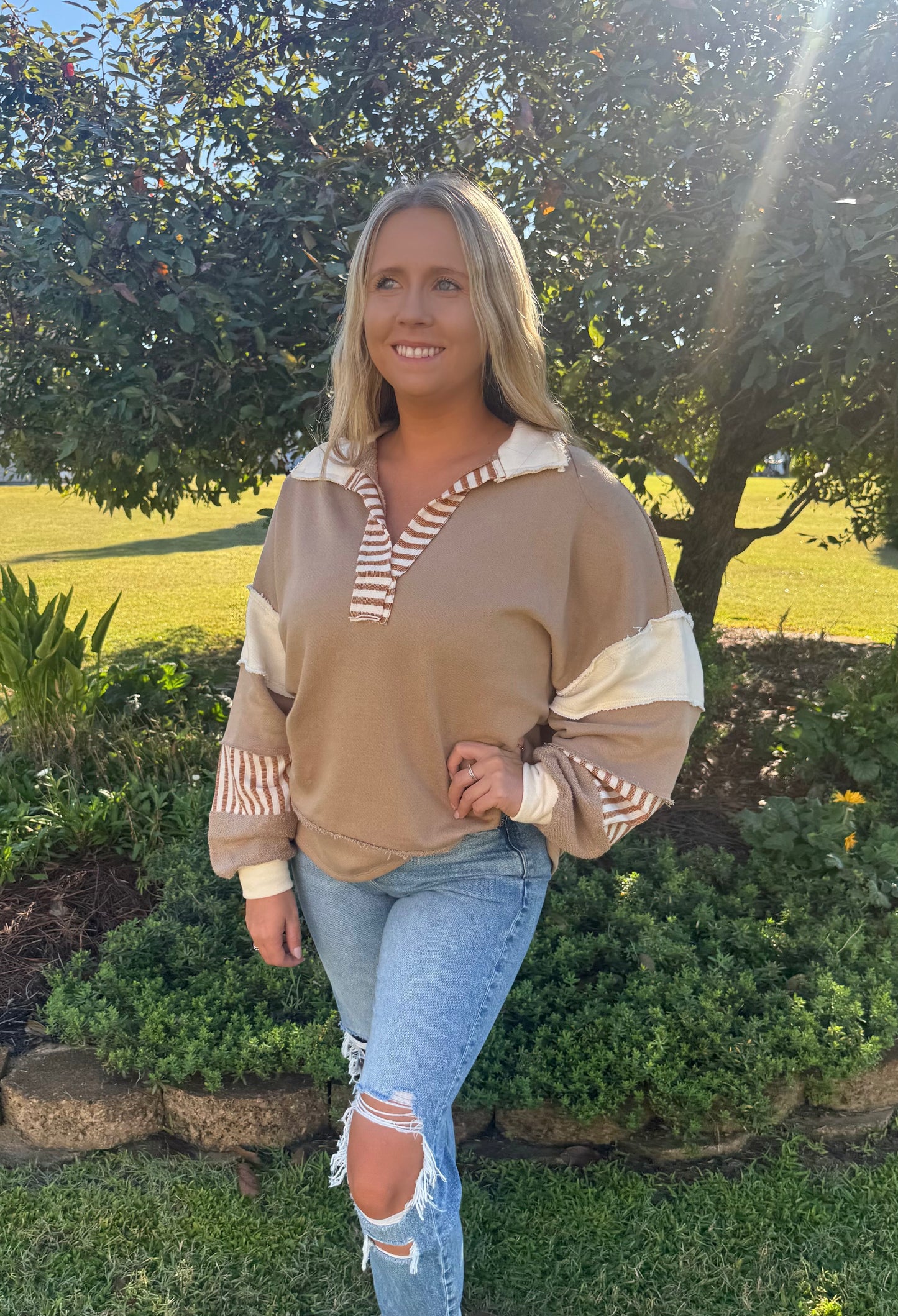 The Sutton Top in Taupe/Cream