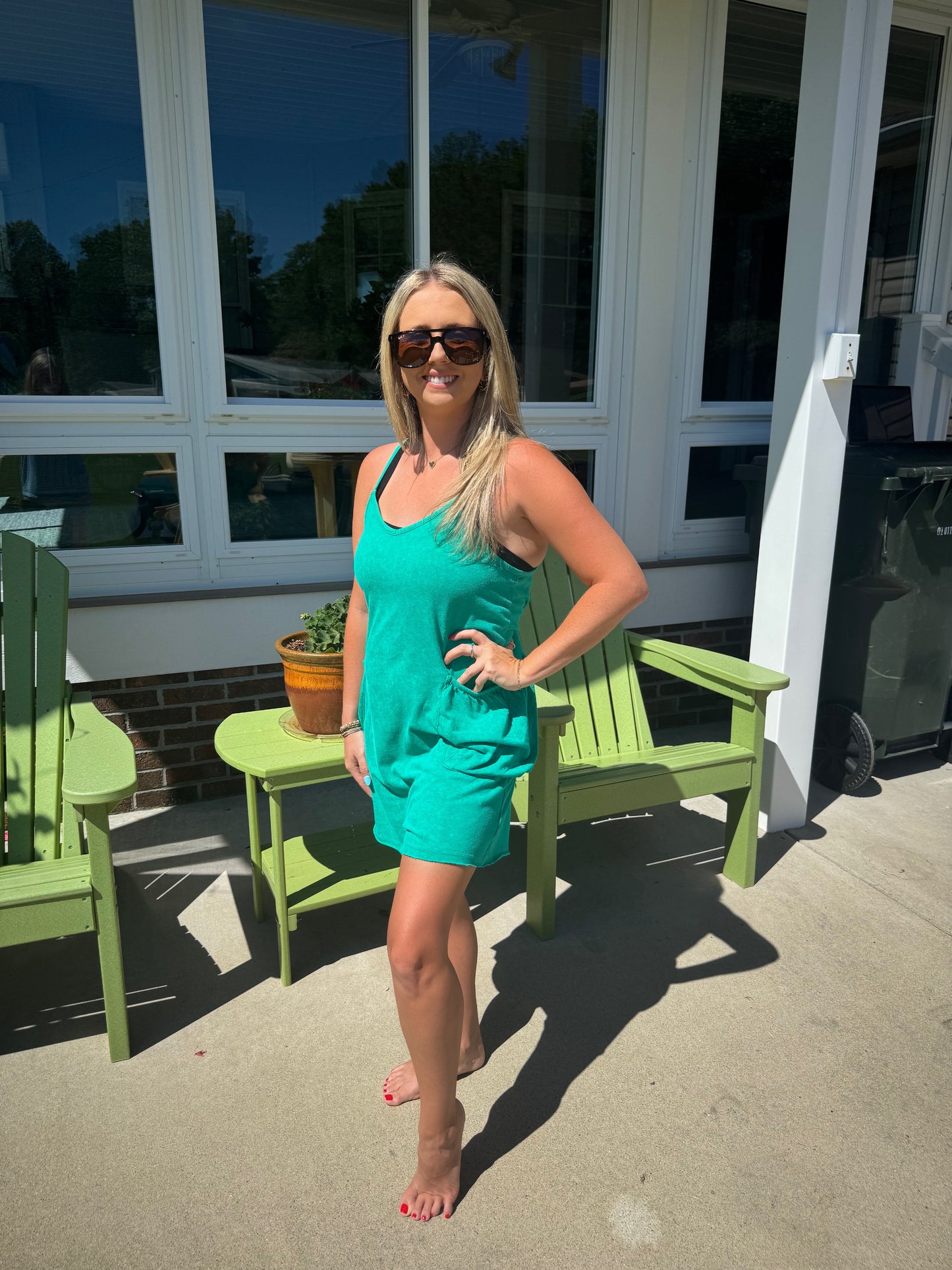 Washed Tank Romper in Green