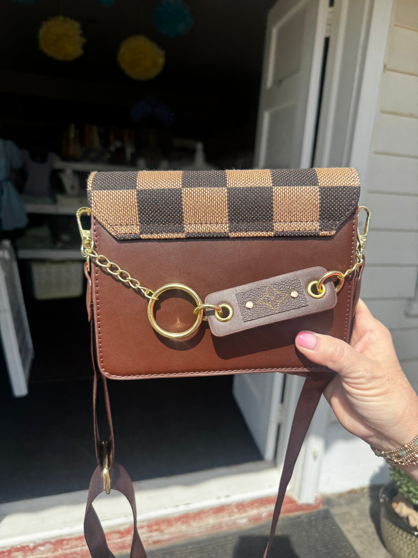 UPCYCLED CHECKERED LV CROSSBODY BAG (BROWN)