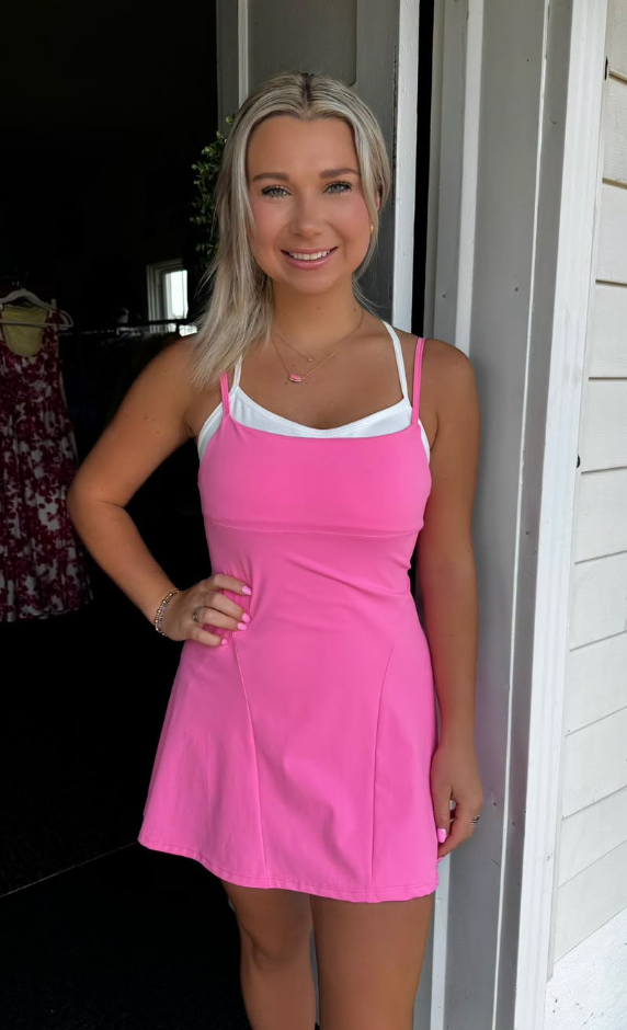 DOUBLE-LAYERED ACTIVE DRESS IN HOT PINK