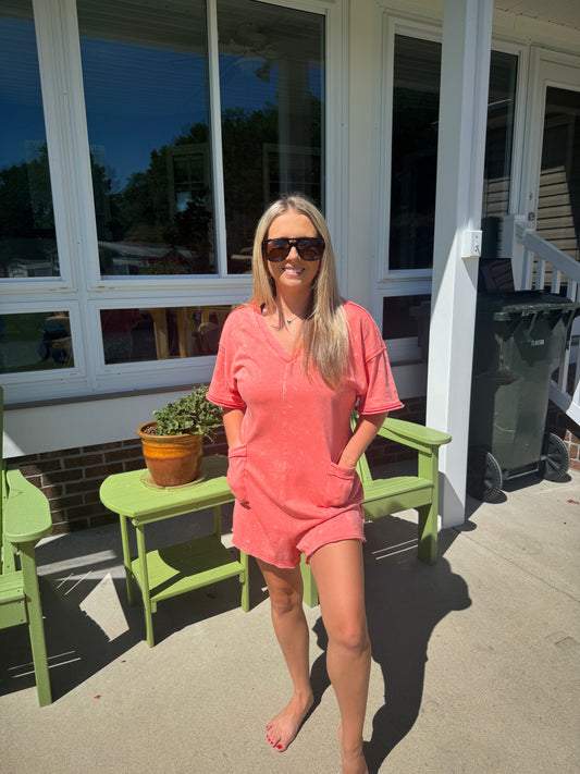 Washed Tee Romper in Coral