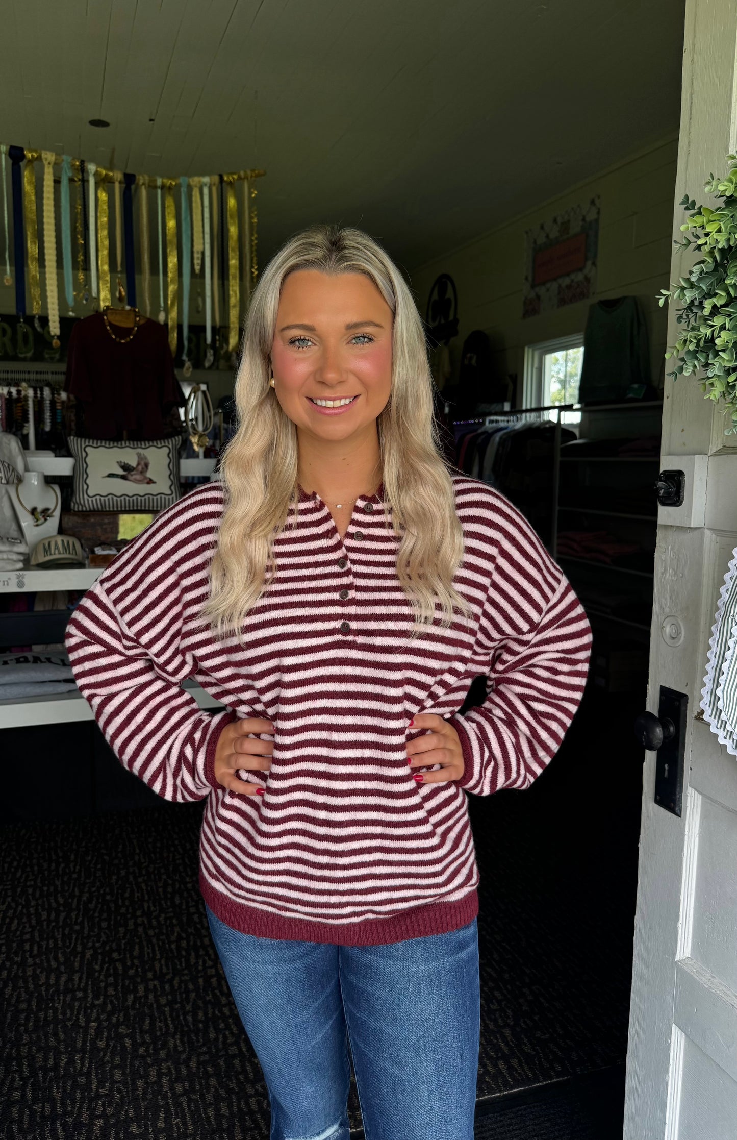EASY DOES IT STRIPED SWEATER IN BURGUNDY