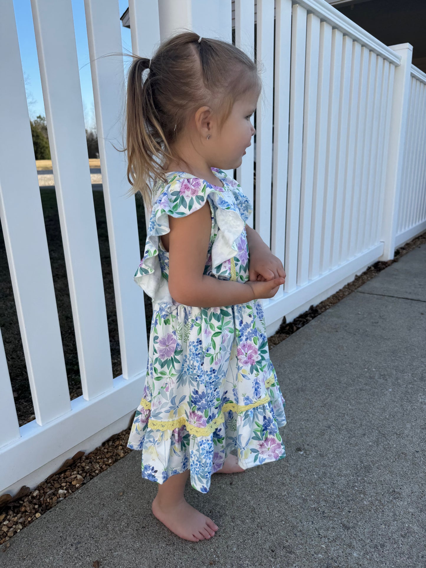 Periwinkle & Yellow Painted Blooms Ruffle Dress