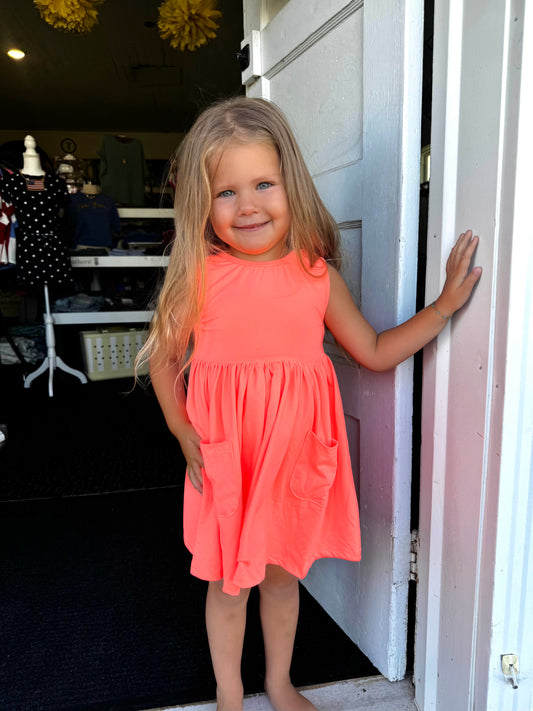 NEON CORAL POCKET TWIRL DRESS
