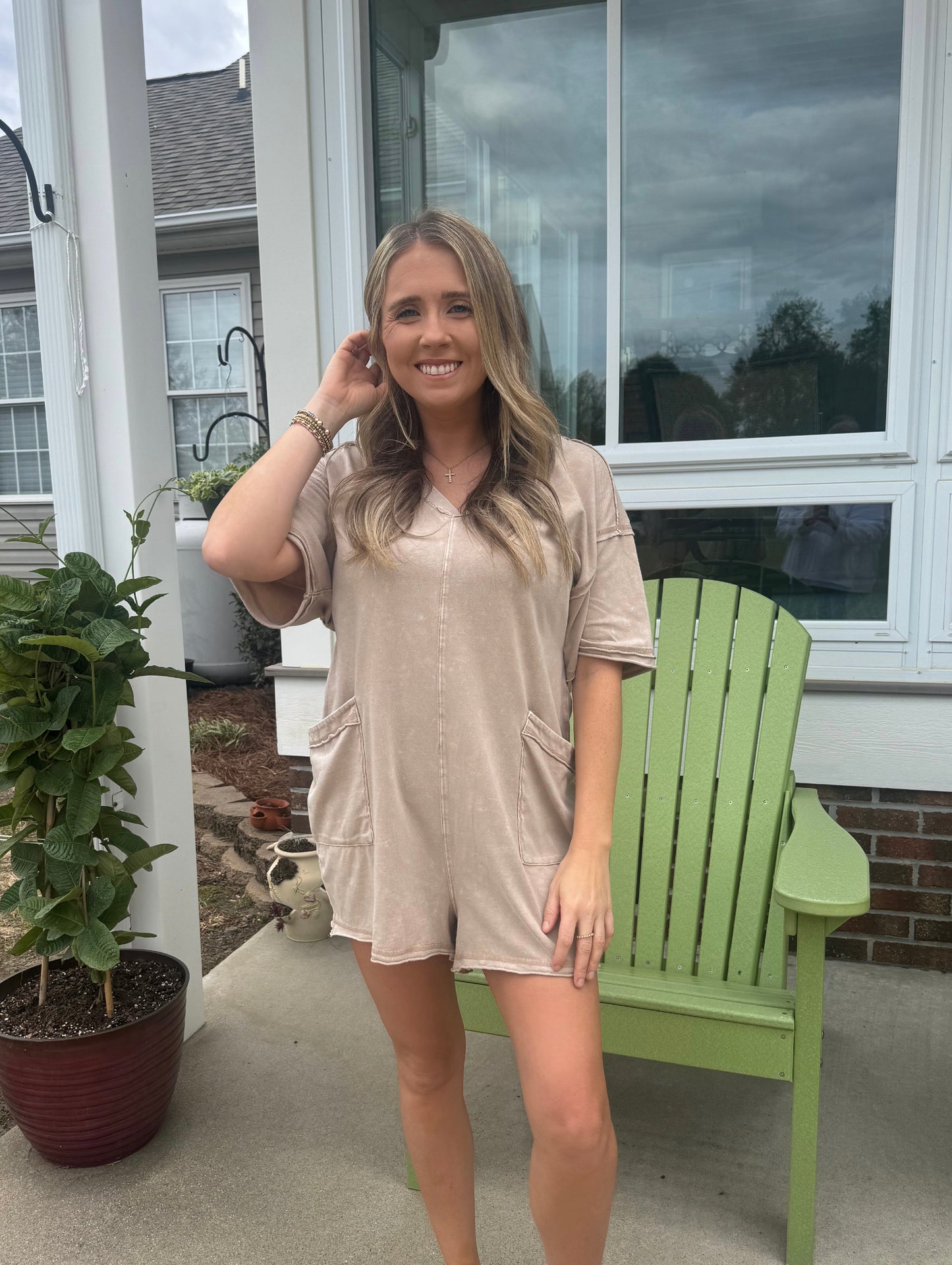 Washed Tee Romper in Taupe