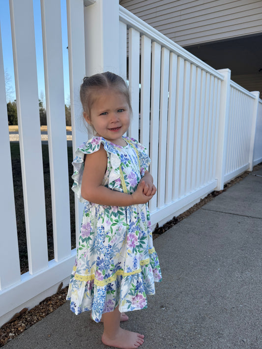 Periwinkle & Yellow Painted Blooms Ruffle Dress