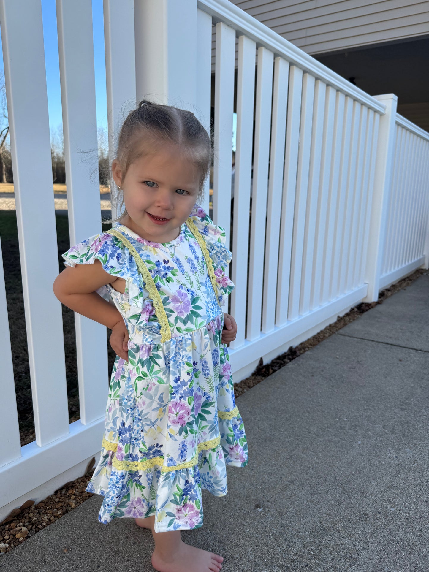 Periwinkle & Yellow Painted Blooms Ruffle Dress