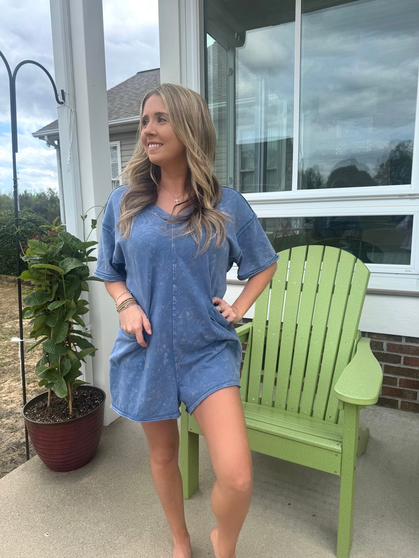 Washed Tee Romper in Denim Blue