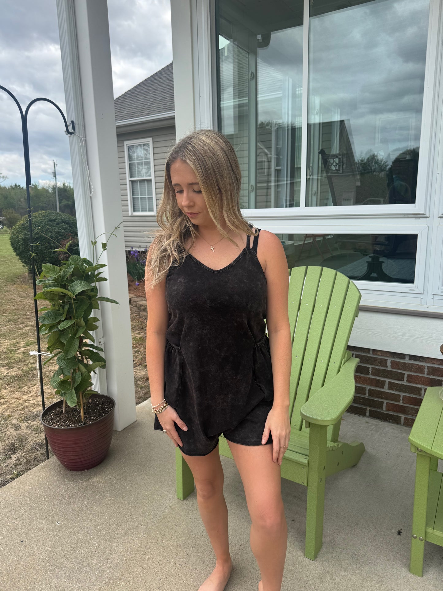 Washed Tank Romper in Black