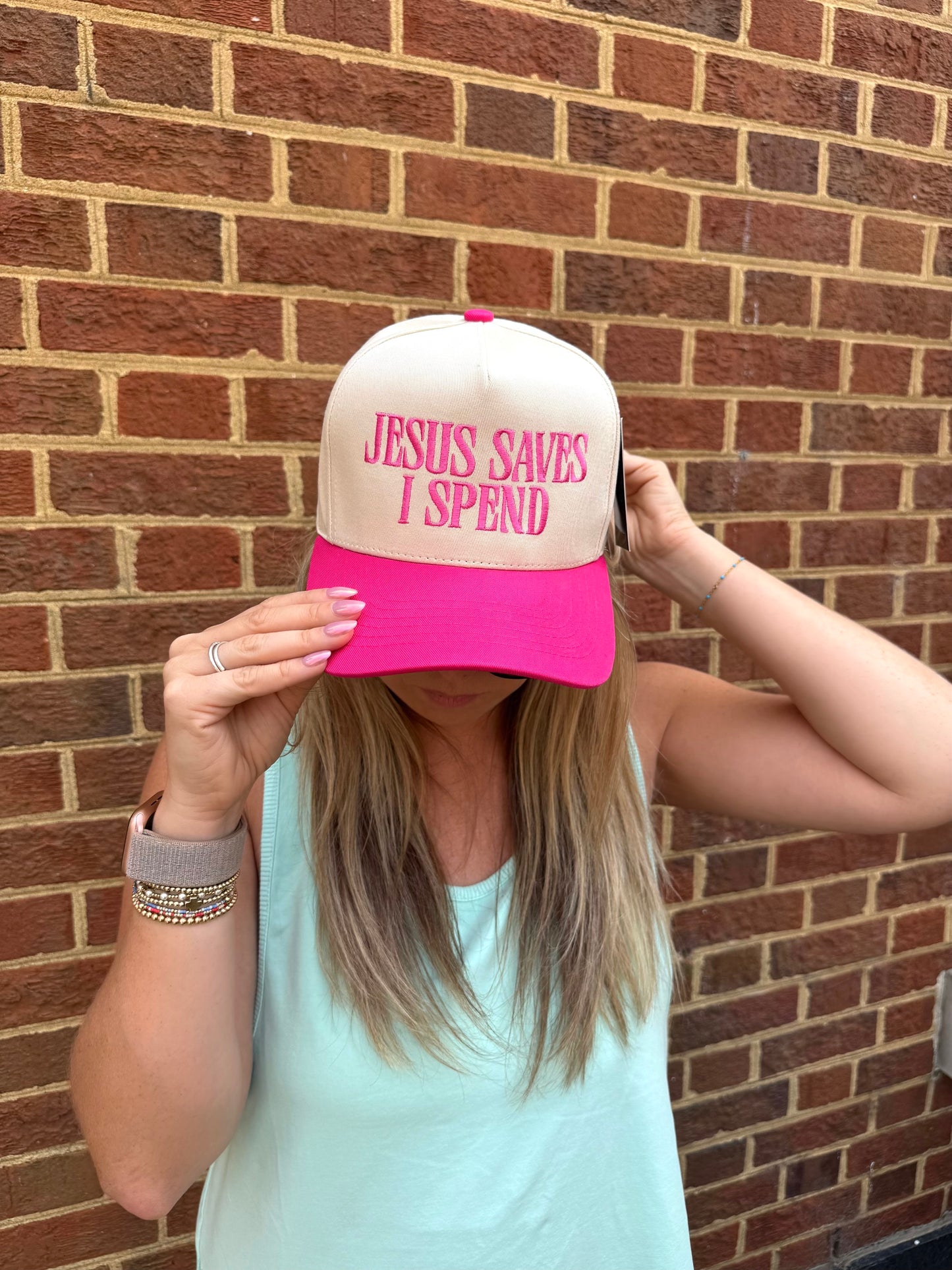 "Jesus Saves, I Spend" Trucker Hat in Hot Pink
