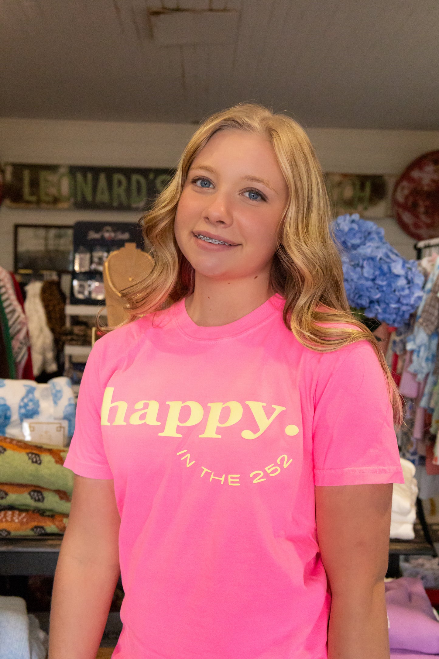 "happy. IN THE 252" Tee in Neon Pink
