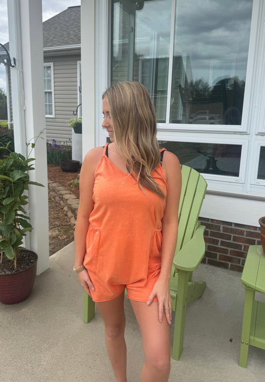 Washed Tank Romper in Sunset Orange