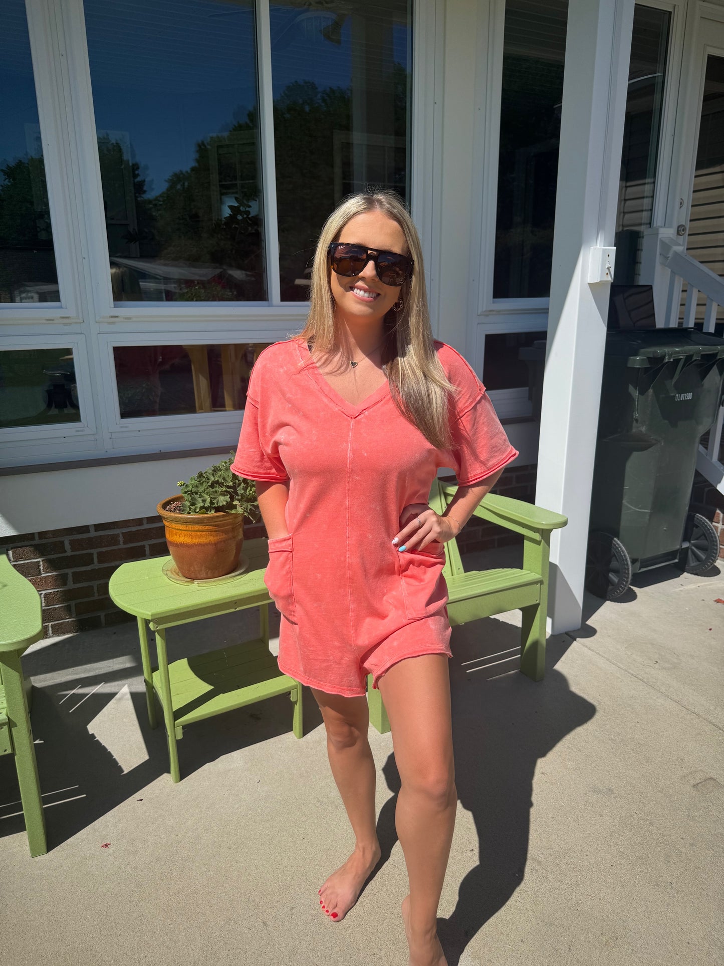Washed Tee Romper in Coral