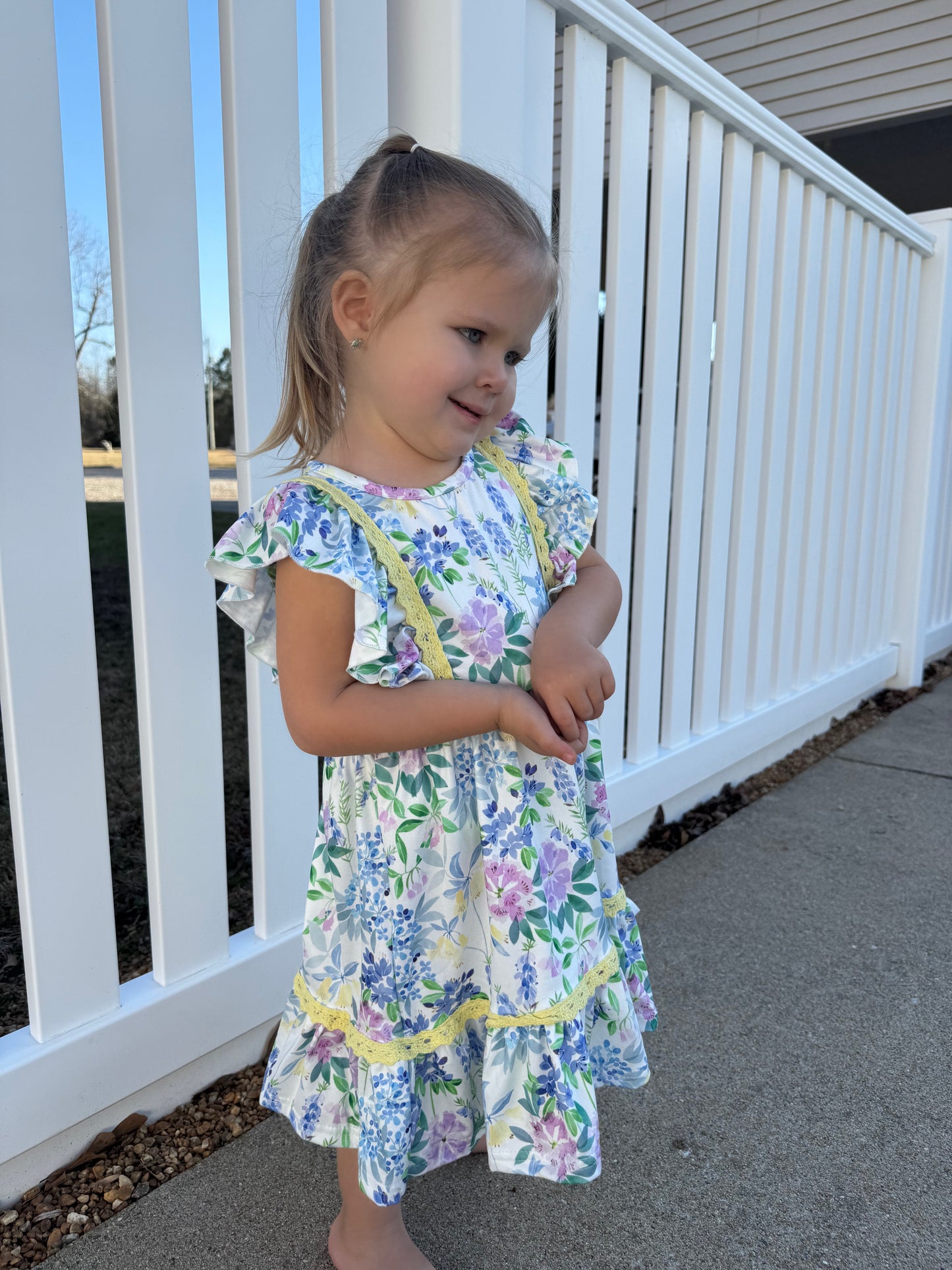 Periwinkle & Yellow Painted Blooms Ruffle Dress