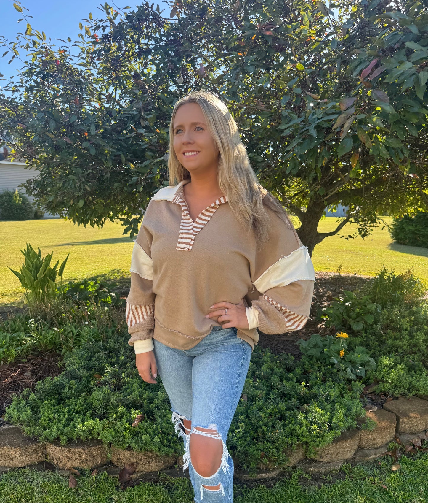 The Sutton Top in Taupe/Cream