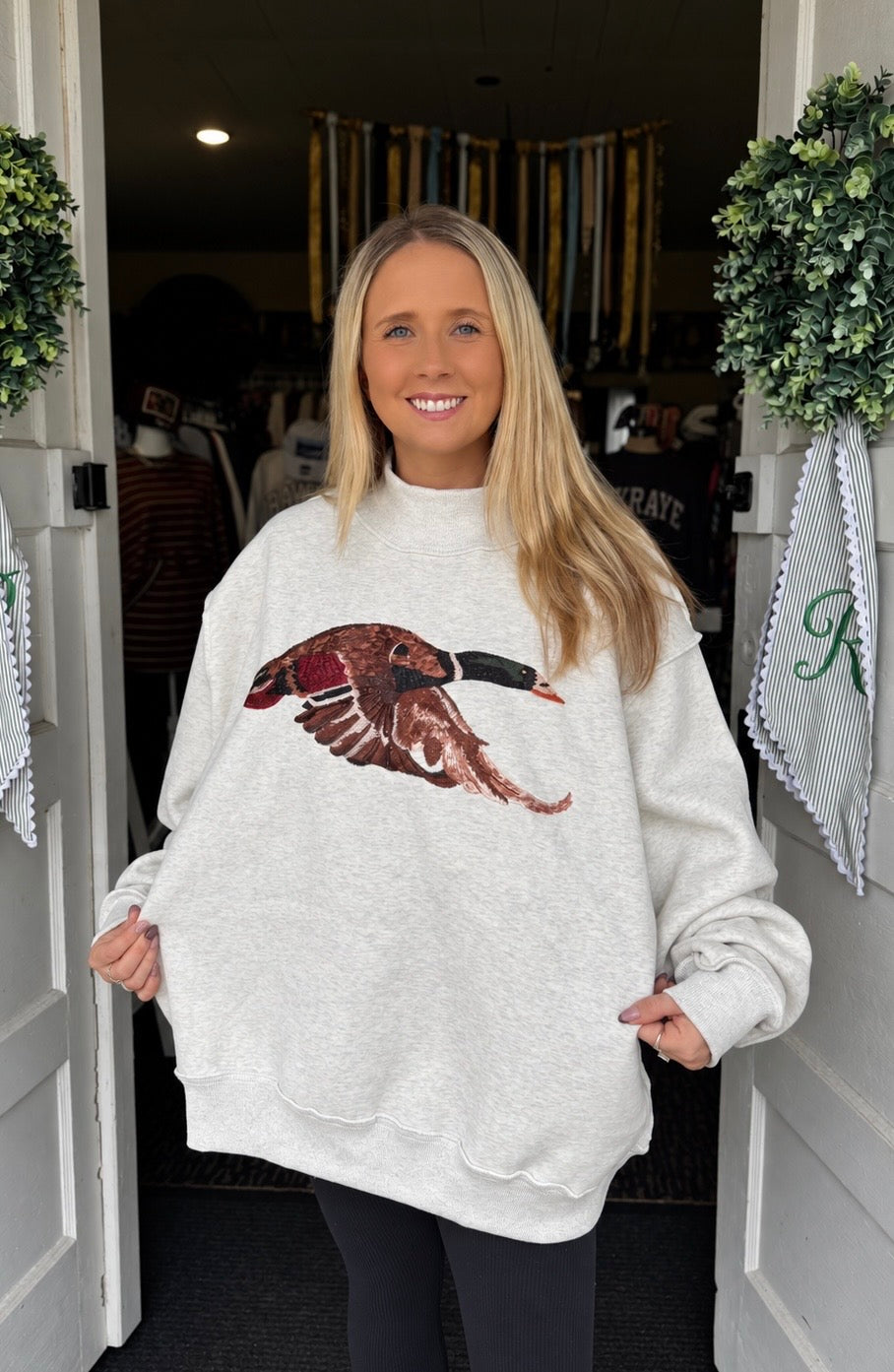 EMBROIDERED MALLARD MOCKNECK IN GREY