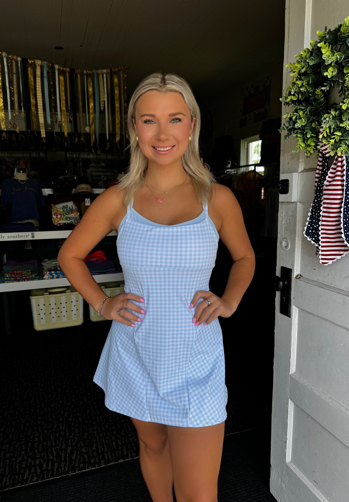DOUBLE-LAYERED ACTIVE DRESS IN LIGHT BLUE GINGHAM