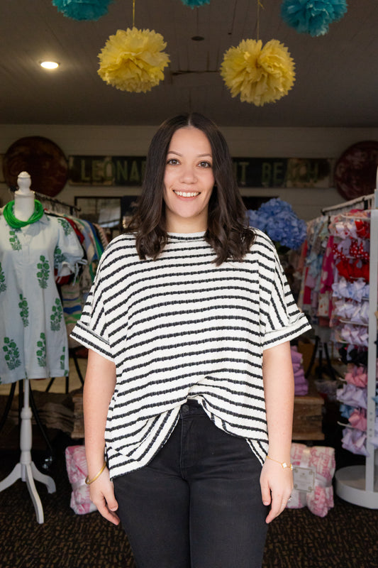 STRIPE WAFFLE TOP IN BLACK