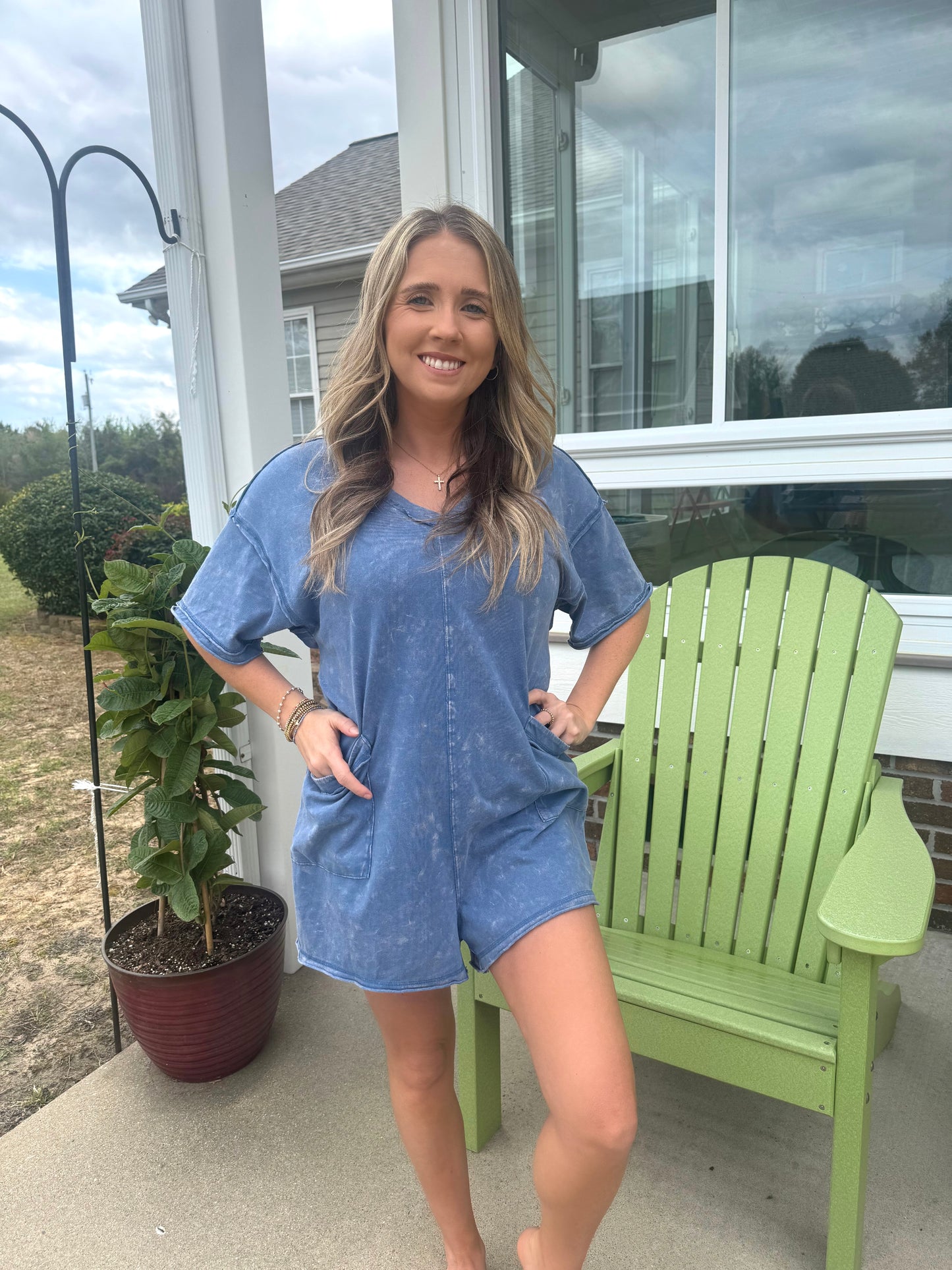 Washed Tee Romper in Denim Blue