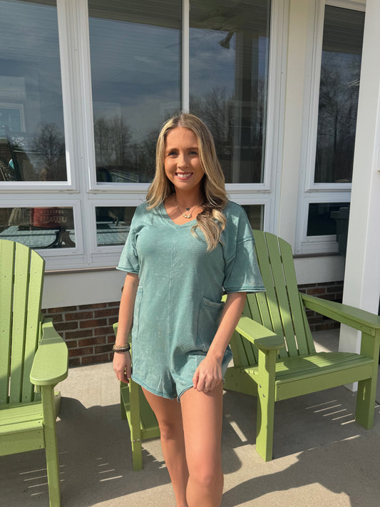 Washed Tee Romper in Sage