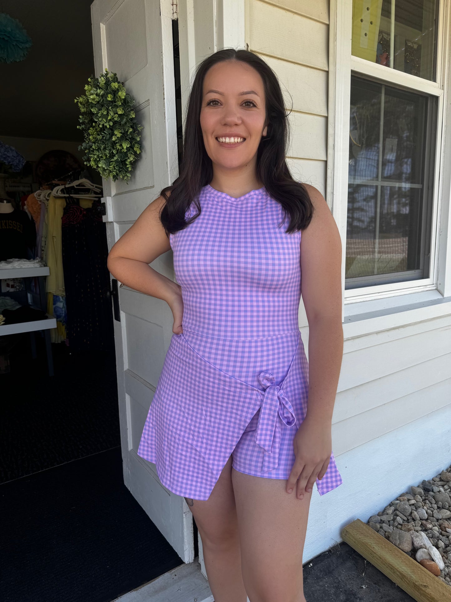 TIED & TRUE ACTIVE DRESS IN PURPLE GINGHAM