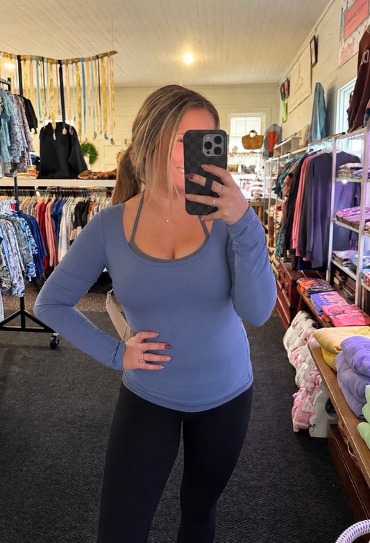 LONG SLEEVE DOUBLE LAYERED TOP IN DUSTY BLUE