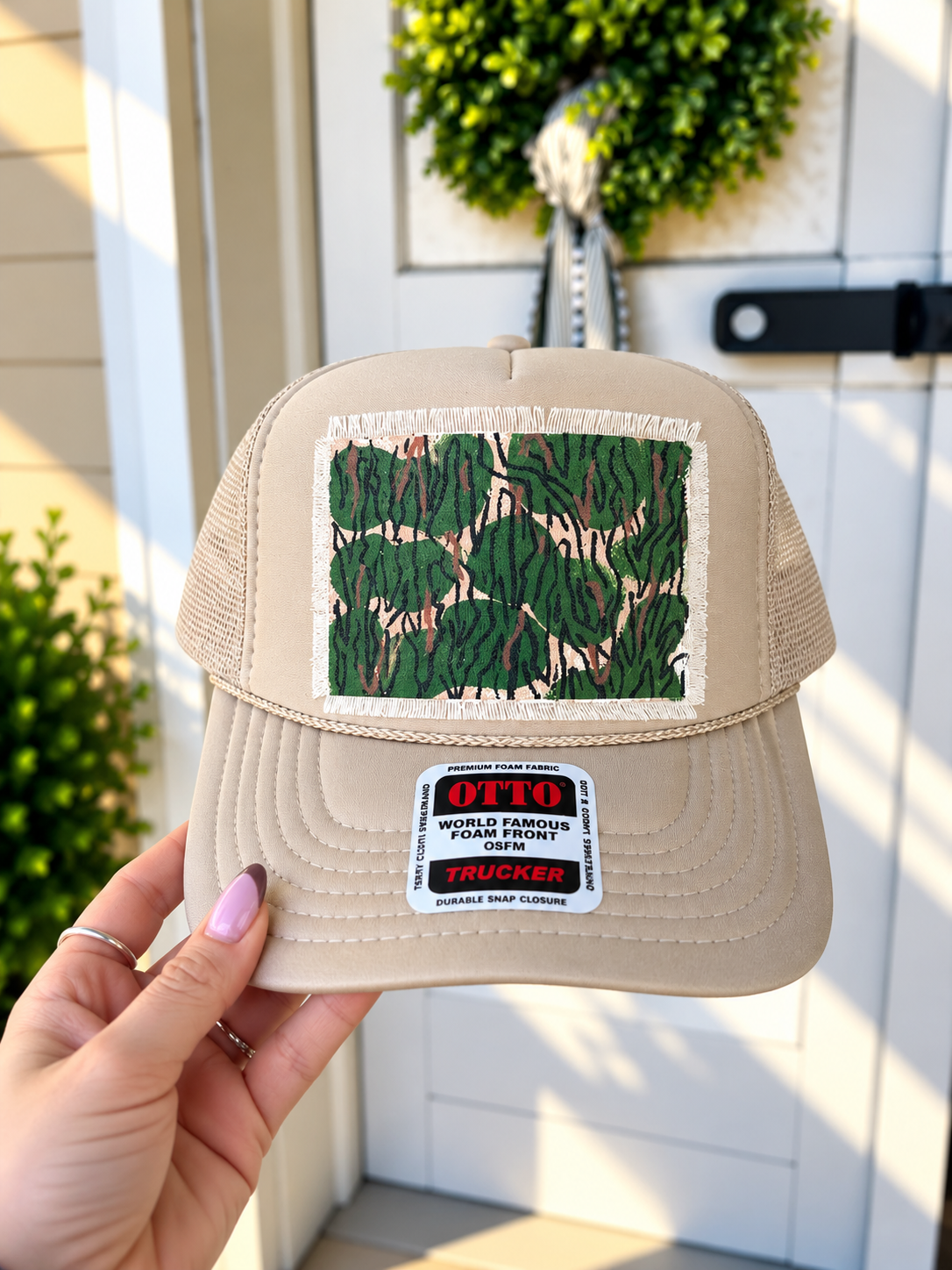 TAN ABSTRACT CAMO TRUCKER HAT