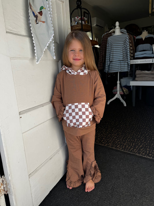 CHOCOLATE CHECKERED RUFFLE LOUNGE SET