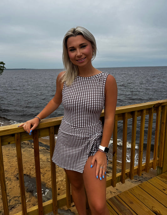 TIED & TRUE ACTIVE DRESS IN BROWN GINGHAM