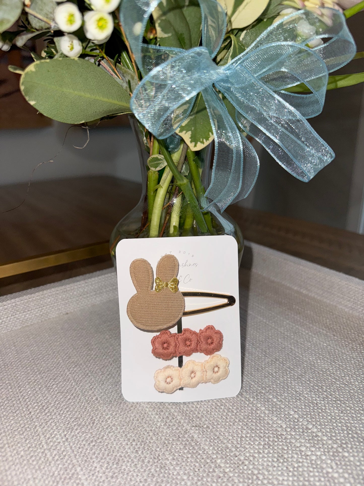 Tan Bunny and Crochet Flower Clips - Set of 3