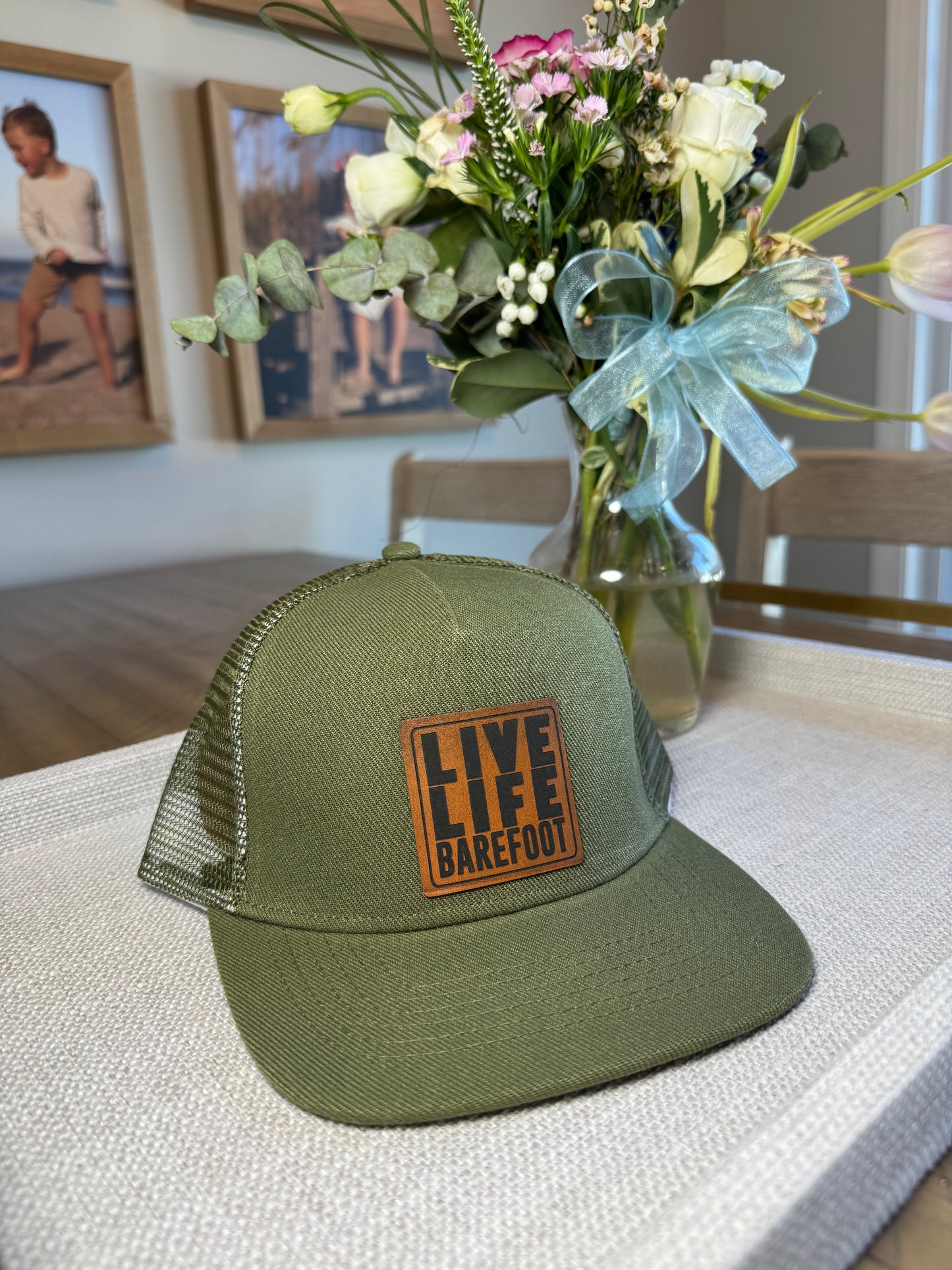 Kids "Live Life Barefoot" Trucker Hat in Olive Green