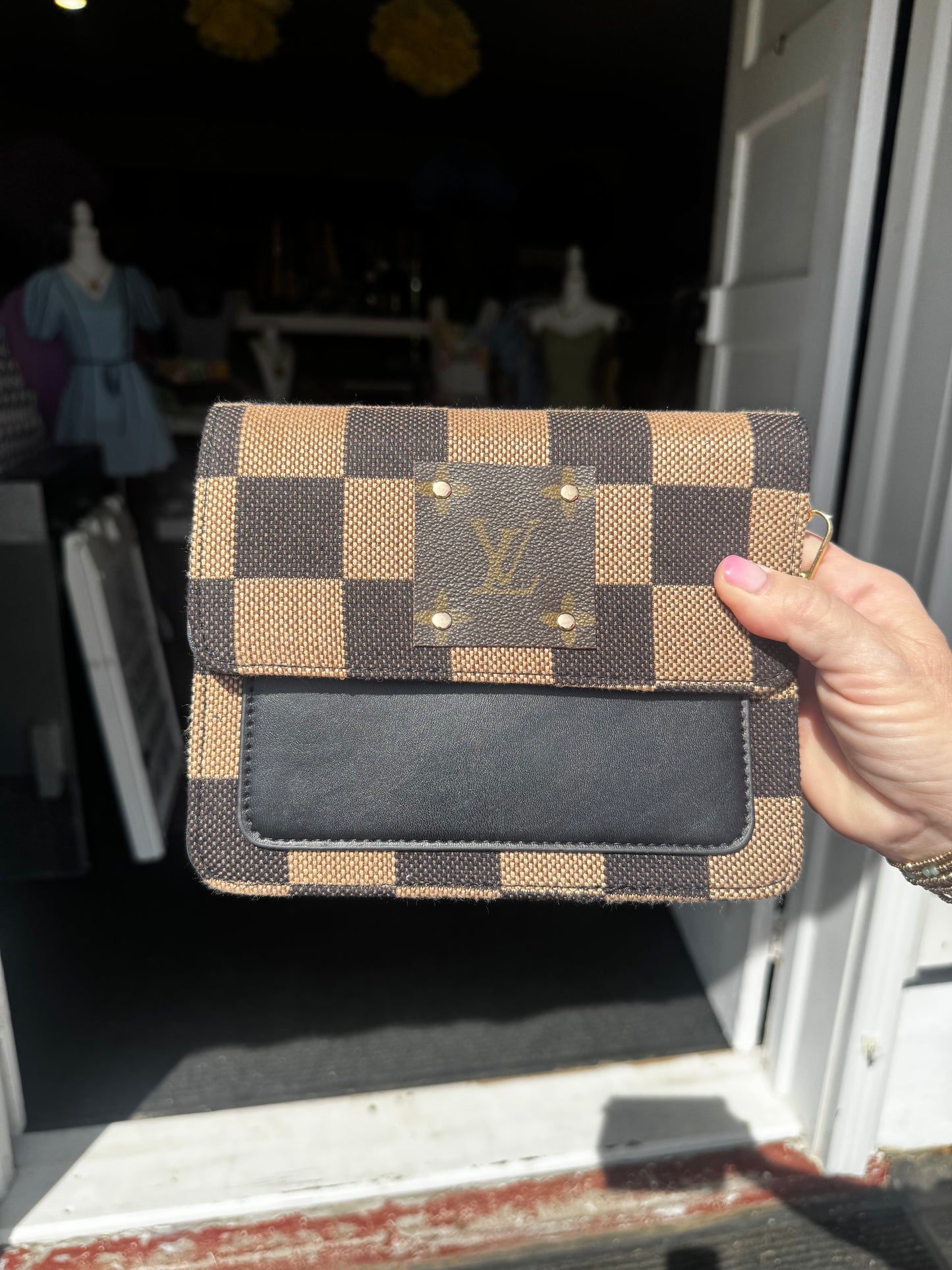 UPCYCLED CHECKERED LV CROSSBODY BAG (BLACK)