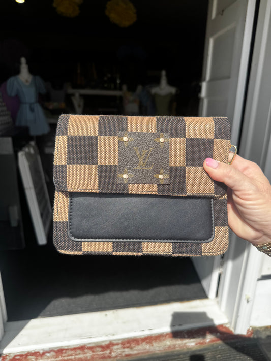 UPCYCLED CHECKERED LV CROSSBODY BAG (BLACK)
