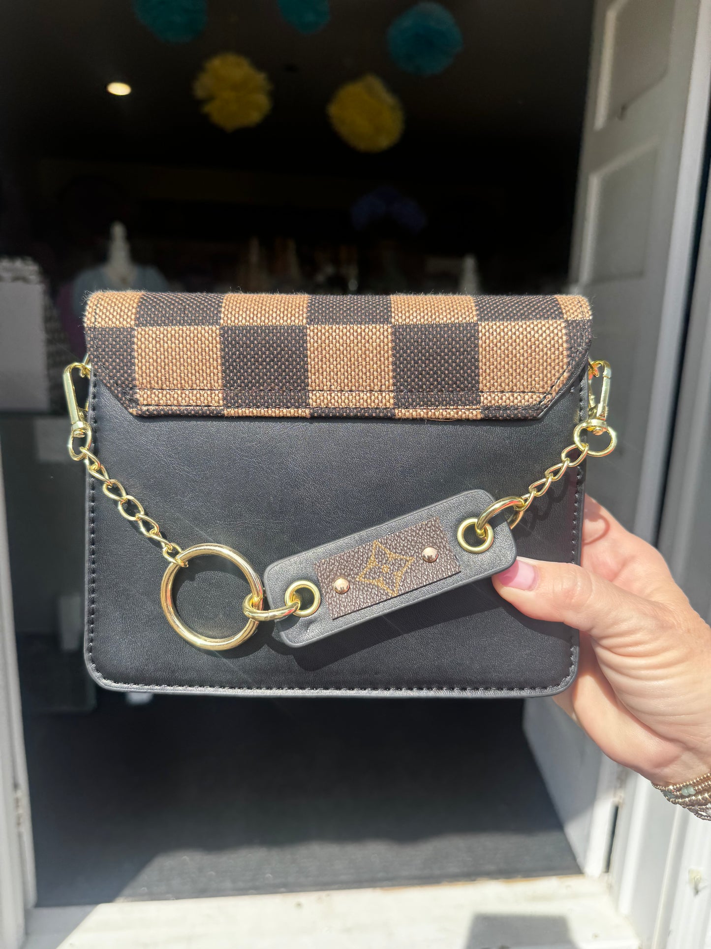 UPCYCLED CHECKERED LV CROSSBODY BAG (BLACK)