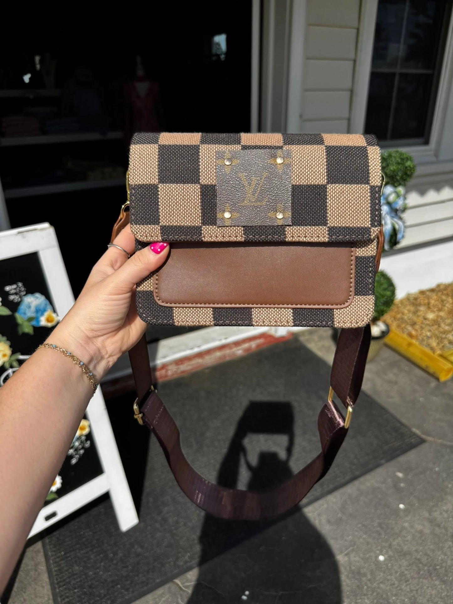 UPCYCLED CHECKERED LV CROSSBODY BAG (BROWN)