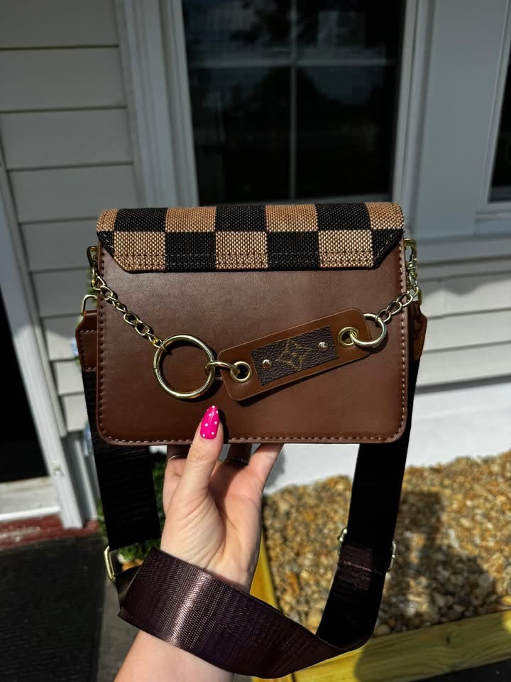 UPCYCLED CHECKERED LV CROSSBODY BAG (DARK BROWN)