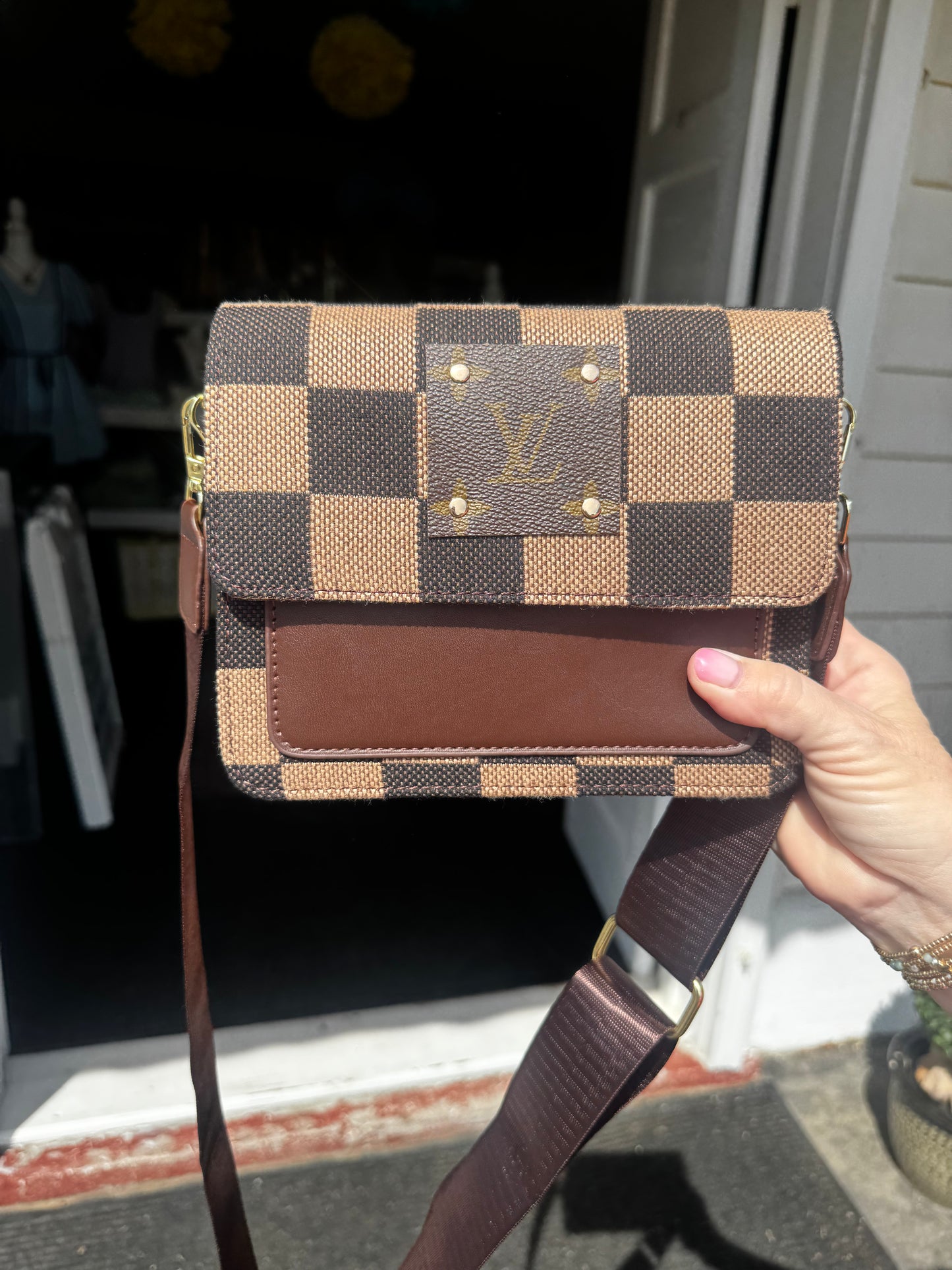 UPCYCLED CHECKERED LV CROSSBODY BAG (DARK BROWN)