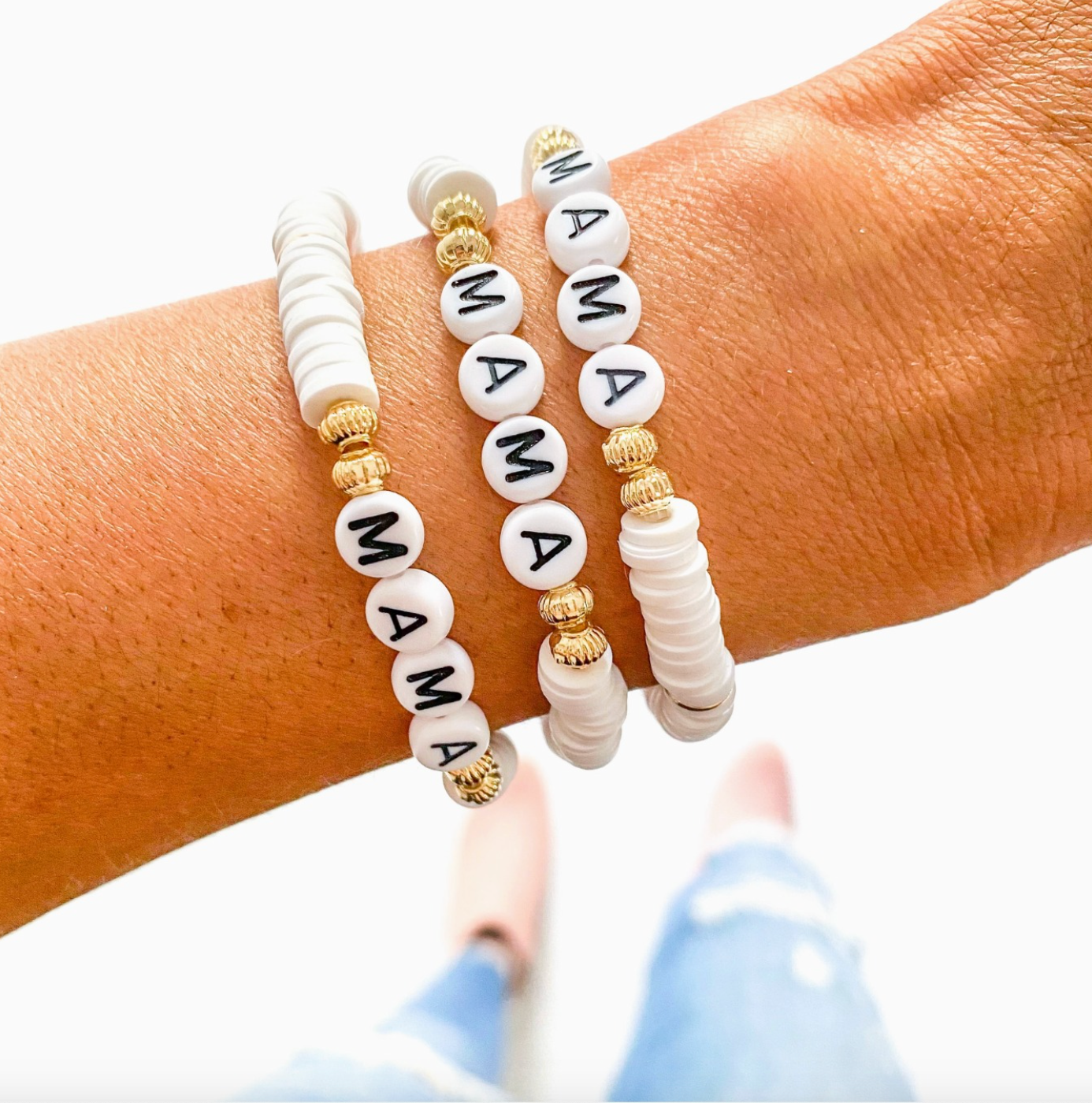 MAMA White and Black Heishi Bracelets