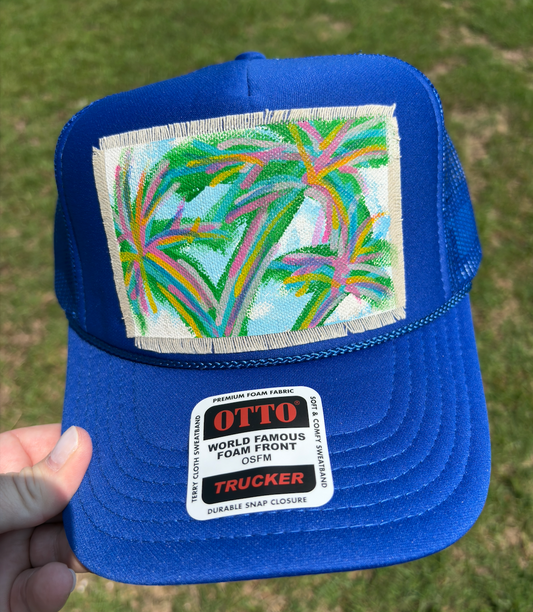 PALM TREE BLUE HAND PAINTED HAT