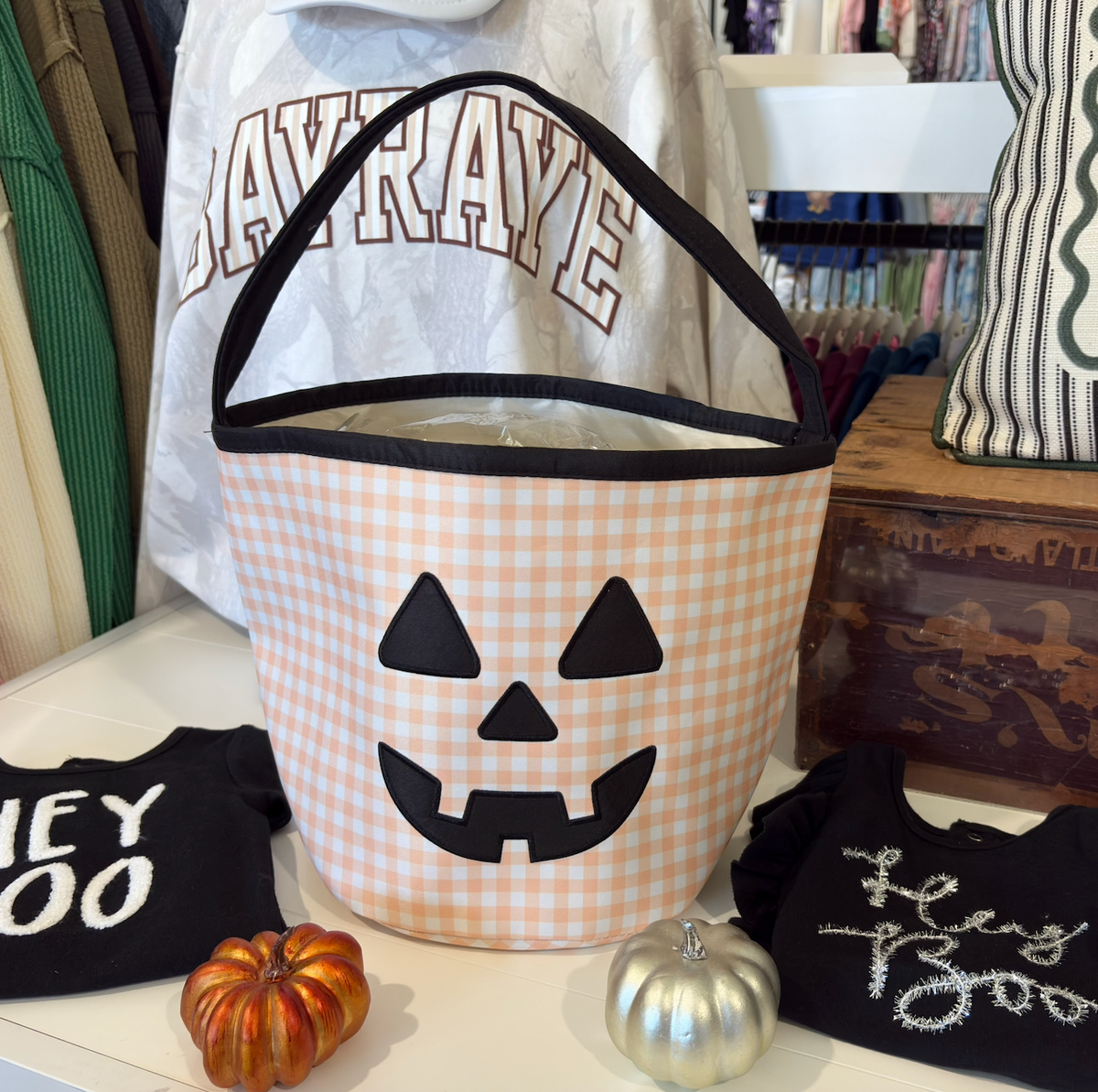 ORANGE/BLACK PUMPKIN GINGHAM BASKET
