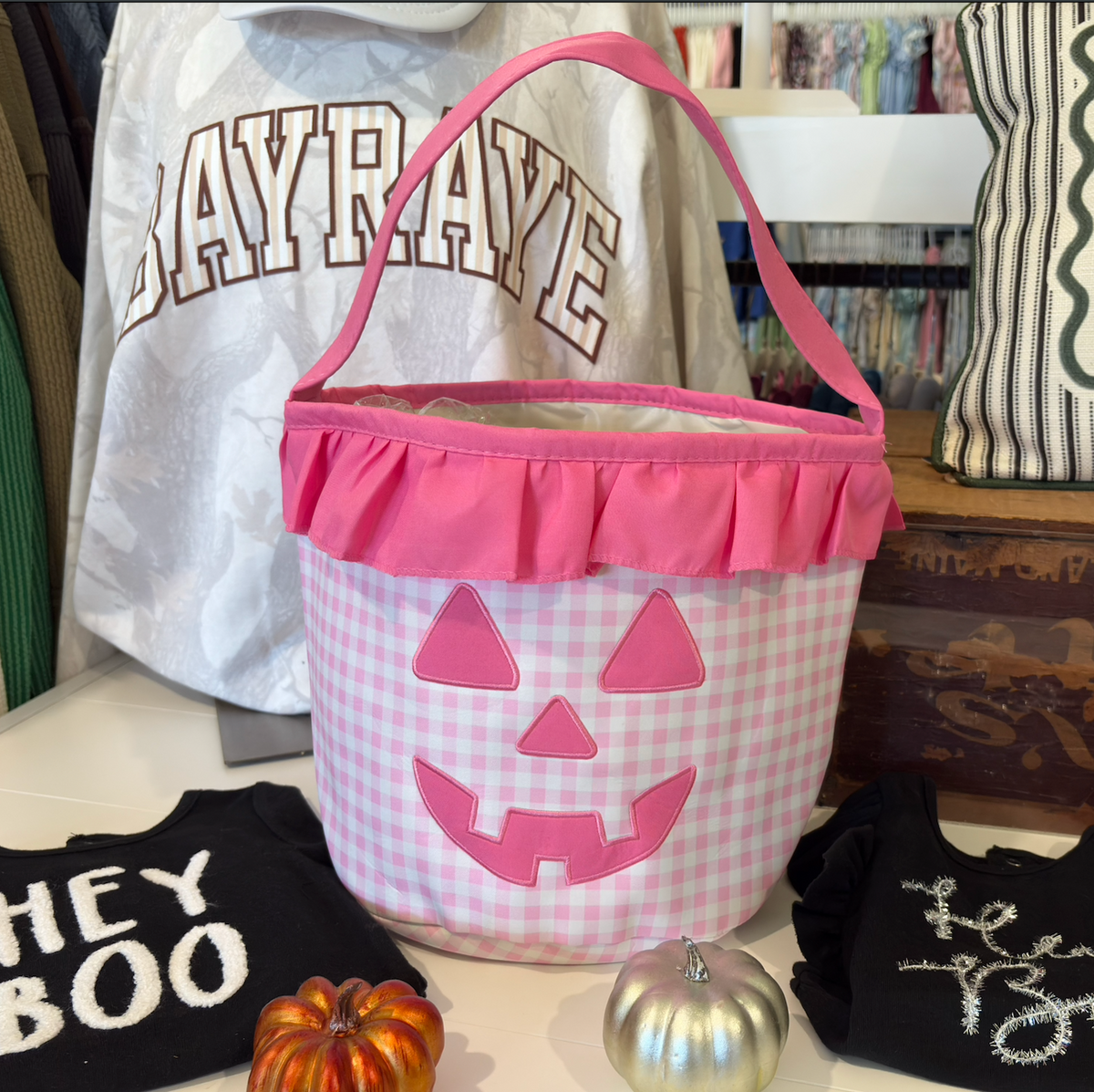 PINK PUMPKIN GINGHAM RUFFLE BASKET