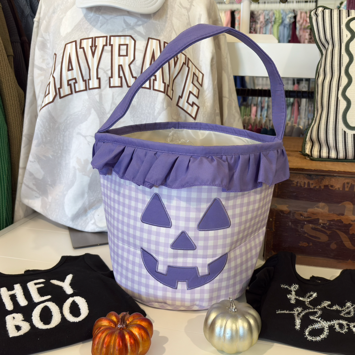 PURPLE PUMPKIN GINGHAM RUFFLE BASKET